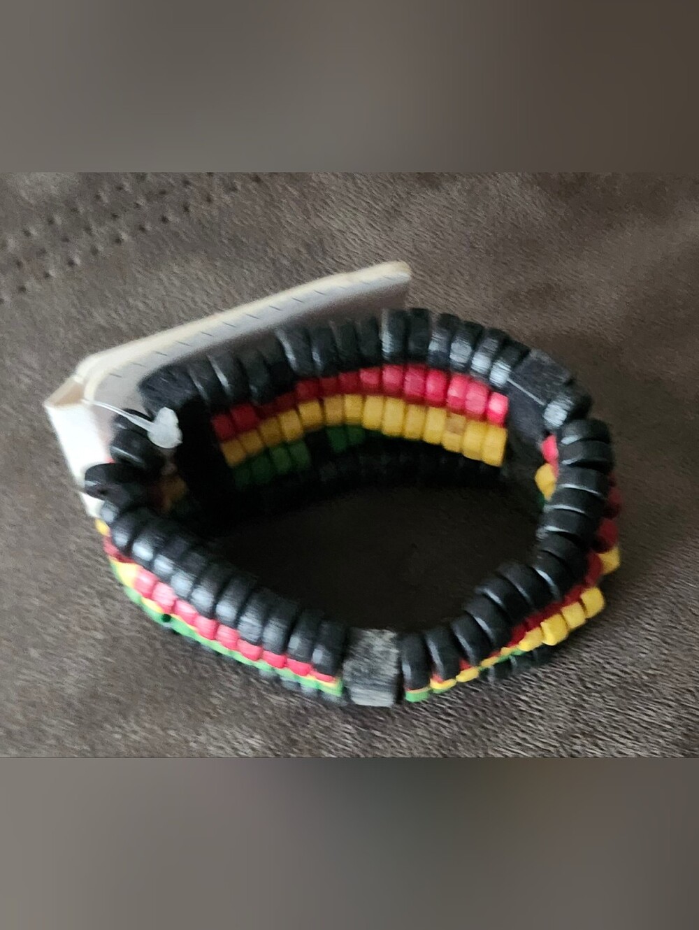 Rasta-Striped Black Beaded Stretch Bracelet